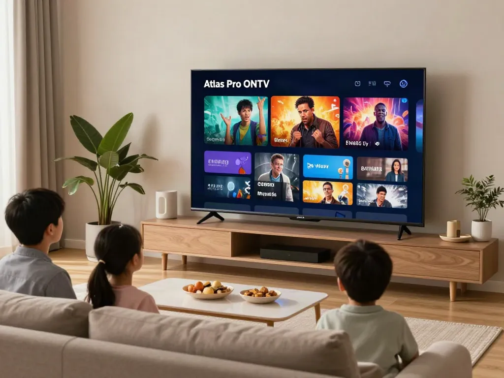 Famille profitant de l'application Atlas Pro ONTV dans leur salon, regardant un film ensemble.