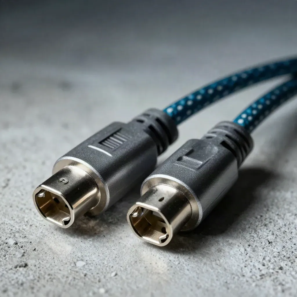 Connecteurs réseau et câble patch tressé sur béton clair, lumière cyan.